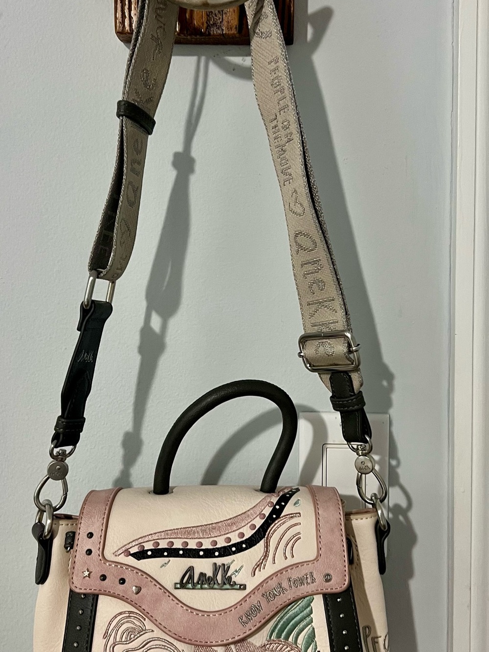 Anneke Cream & Pink Crossbody Satchel with Embroidered Detail